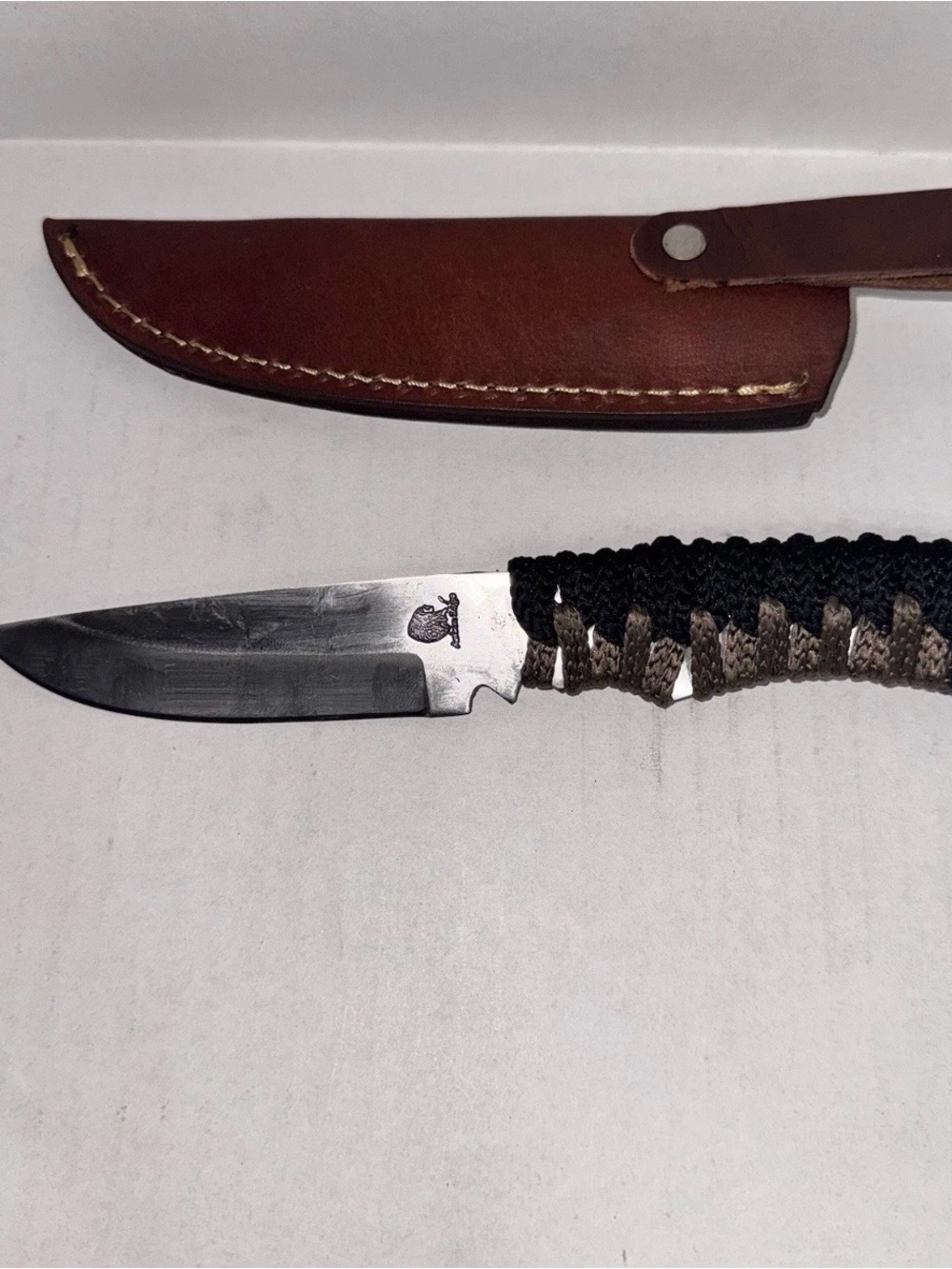 Custom Ashen Edge Knife 9ā Blade 4.5ā Cord Wrapped Handle Leather Sheath